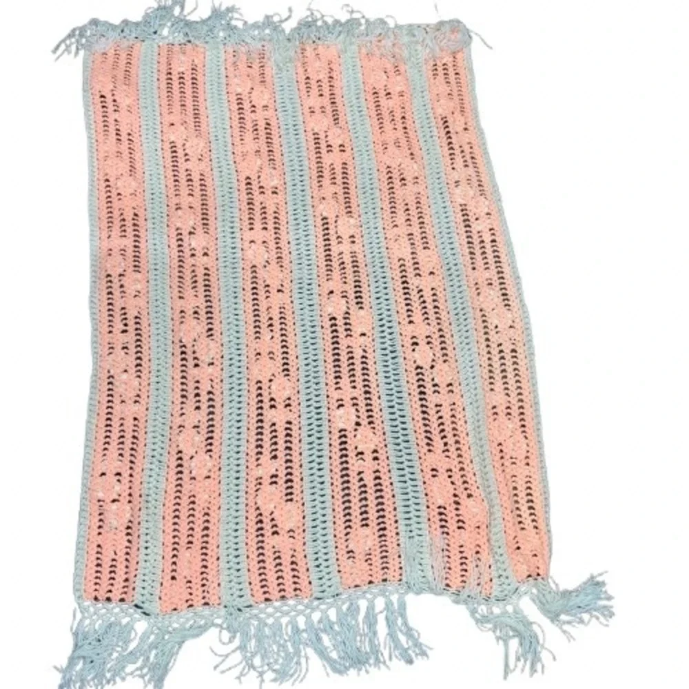 Crochet Throw Blanket 50x67 Peach Cream 3D Floral Rosette Fringe